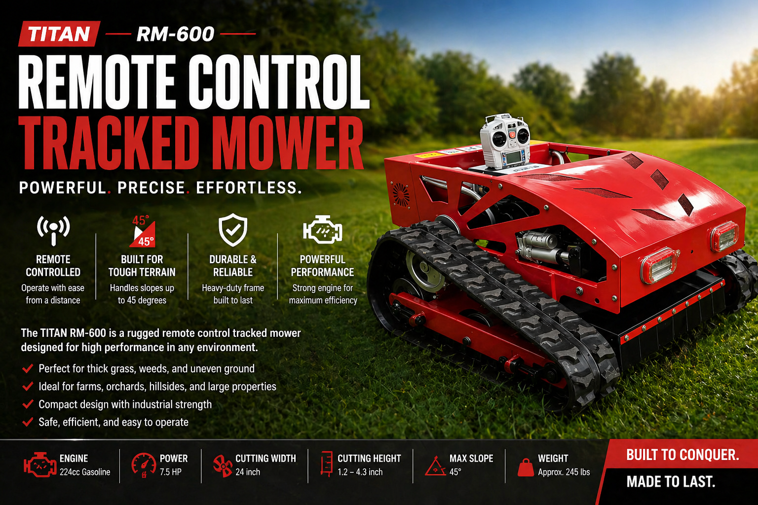 Remote Control Lawn Mower Tracked Brush Cutter Gas Powered All Terrain RC Mower for Hills Fields Farms!